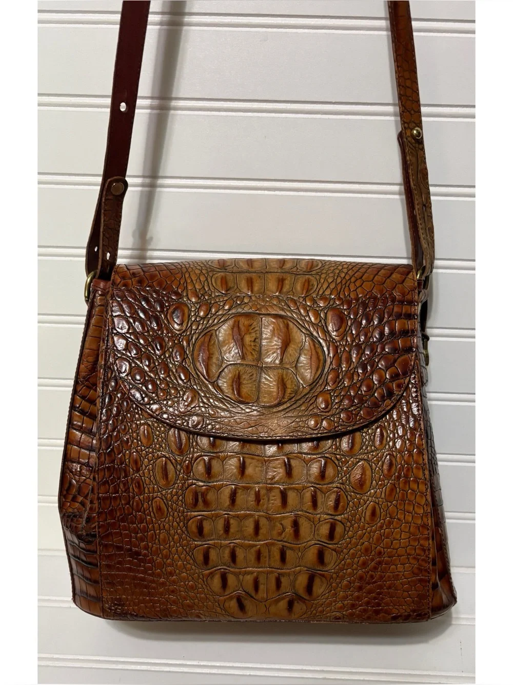BRAHMIN Vintage Pecan Melbourne Croc Leather Satchel Shoulder Bag Tote Purse